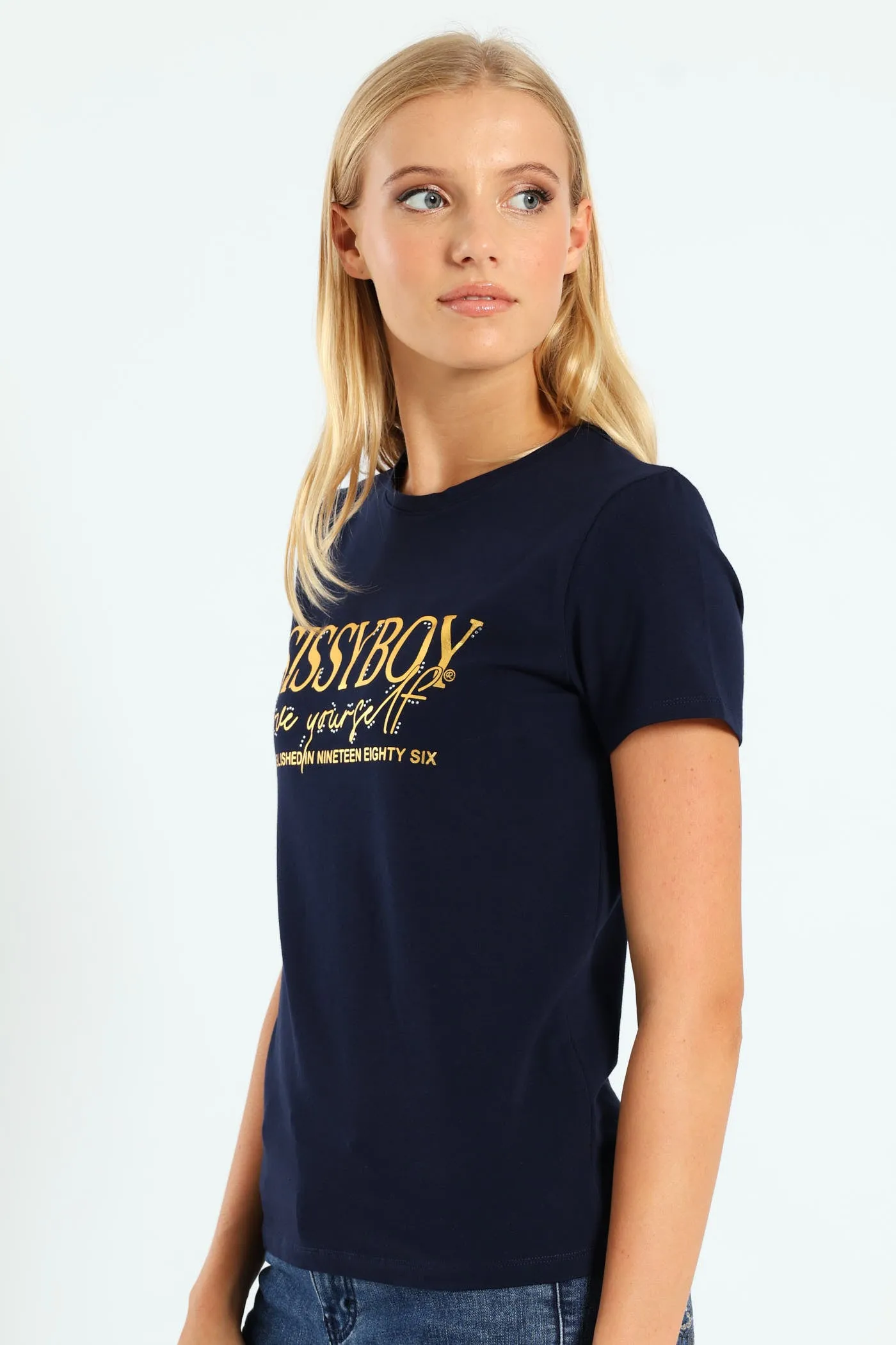 Gold Foil Print Tee With Diamante Transfers - Navy sold by Edgars product image thumbnail 2