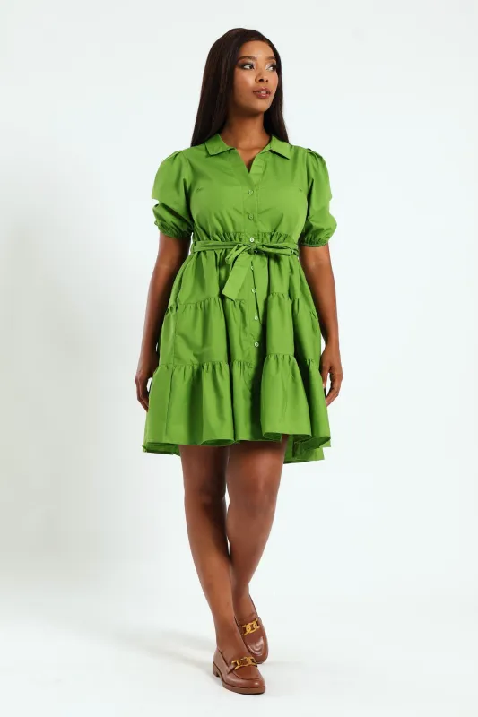 Collared Belted Tiered Shirt Dress - Chartreuse sold by Edgars