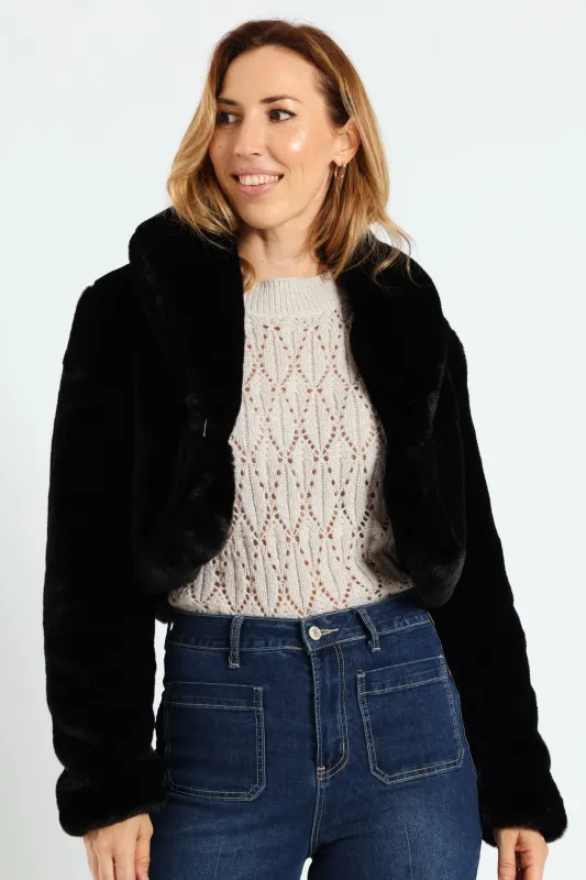 Shawl Collar Fur Coat - Black sold by Edgars