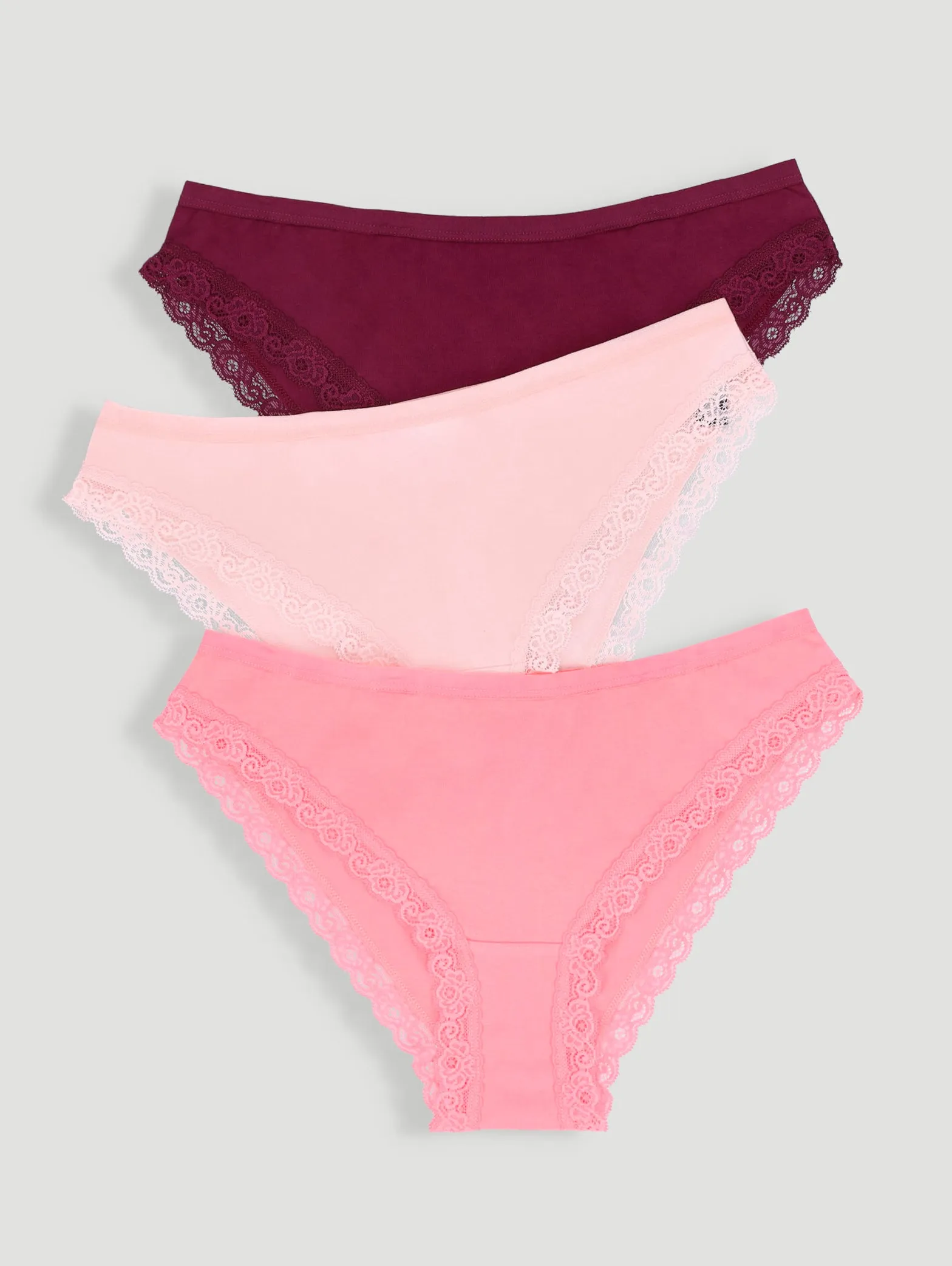 3 Pack Cotton Stretch Brazillian Panties - Burgundy/Light Pink/Coral sold by Edgars