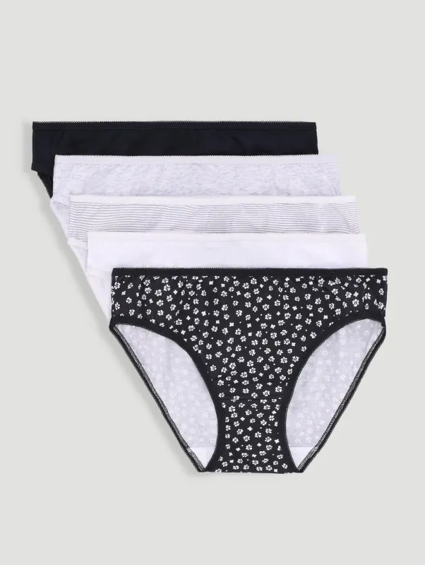 5 Pack Cotton Stretch Bikini Panties - Black/Floral/Grey/Stripe/White sold by Edgars