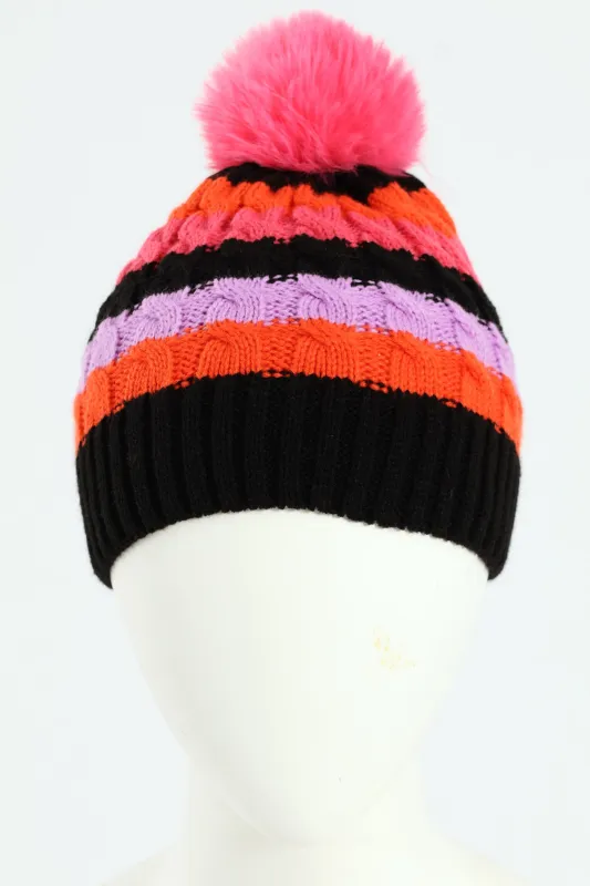 Pre-Girls Multi Colour Stripe Beanie With Fur Pom Pom - Black sold by Edgars