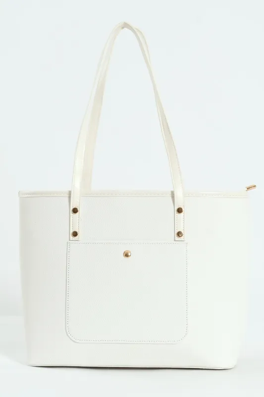 Front Pocket Gold Trim Shopper - White sold by Edgars