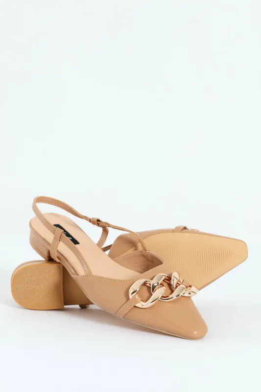 Square Toe Slingback Low Block With Chain Trim - Taupe sold by Edgars 