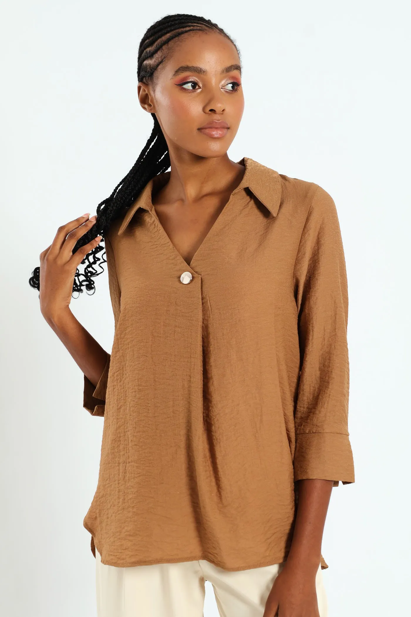 Glitter Popover With Gold Button Detail - Taupe sold by Edgars