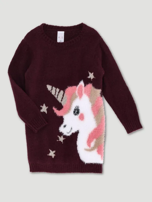 Pre-Girls Knitted Unicorn Dress - Burgundy sold by Edgars