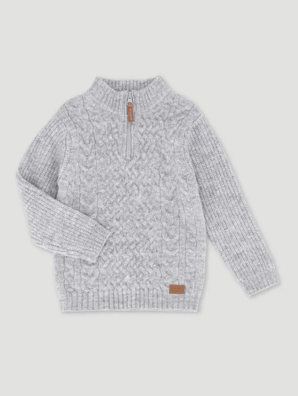 Pre-Boys Cable Knit Quarter Zip Pullover - Light Grey Melange sold by Edgars