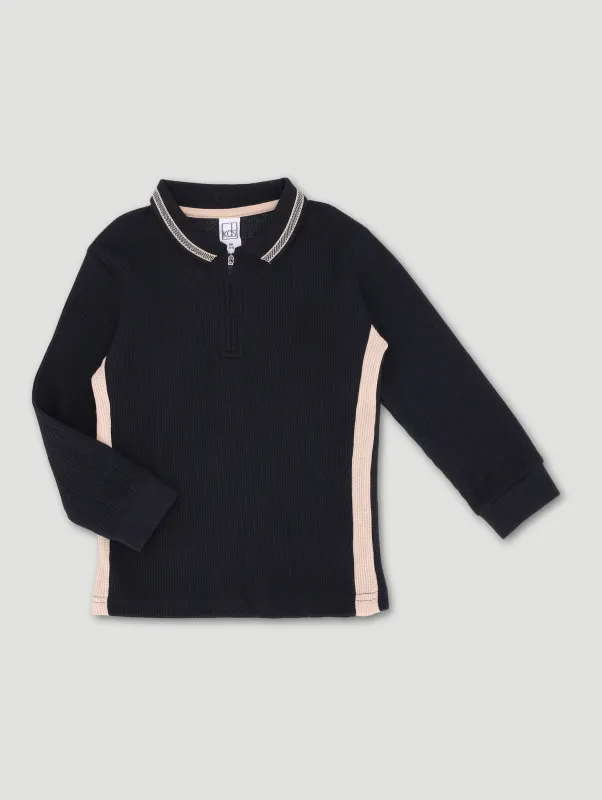 Pre-Boys Waffle Zip Colourblock Tee - Black/Beige sold by Edgars