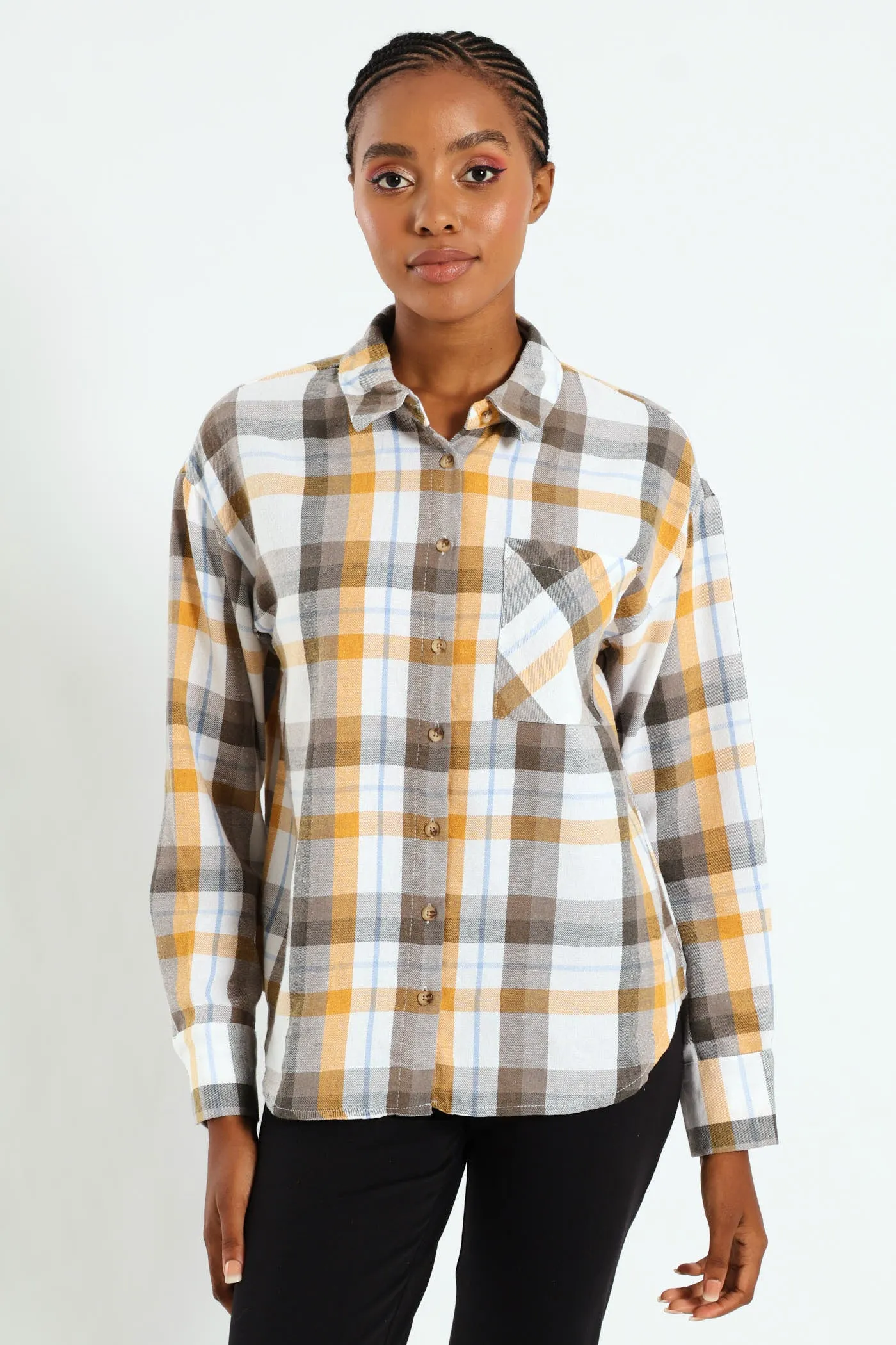 Long Sleeve Regular Length Check Shacket - Mustard/Blue sold by Edgars