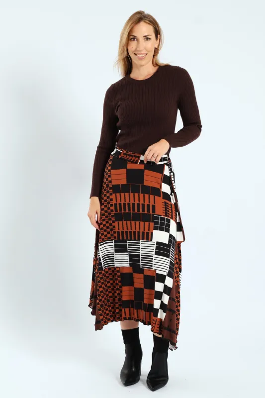 Geo D-Ring Belted Hi-Lo Knit Maxi Skirts - Black/Brown sold by Edgars 