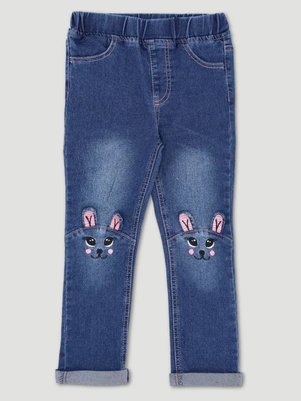Pre-Girls Bunny Applique Denim - Mid Blue sold by Edgars