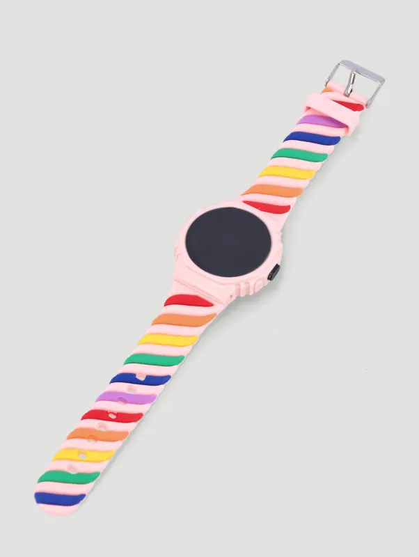 Pre-Girls Multi Striped Led Novelty Watch - Pink sold by Edgars 