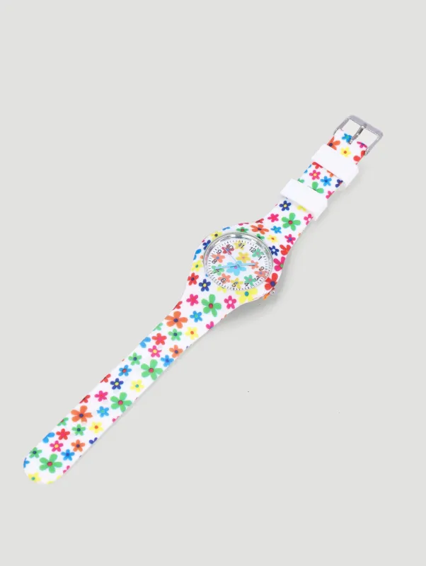 Pre-Girls Floral Analogue Printed Novelty Watch - White sold by Edgars 