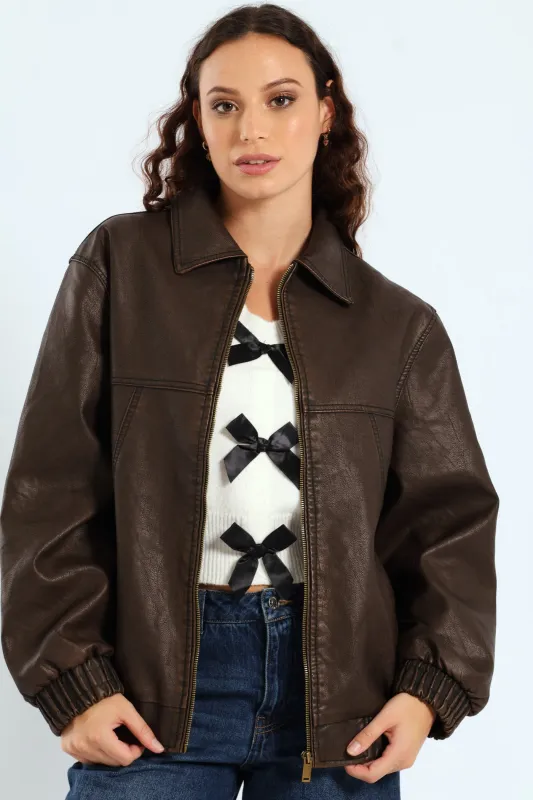 Oversized PU Bomber Jacket - Bronze sold by Edgars 