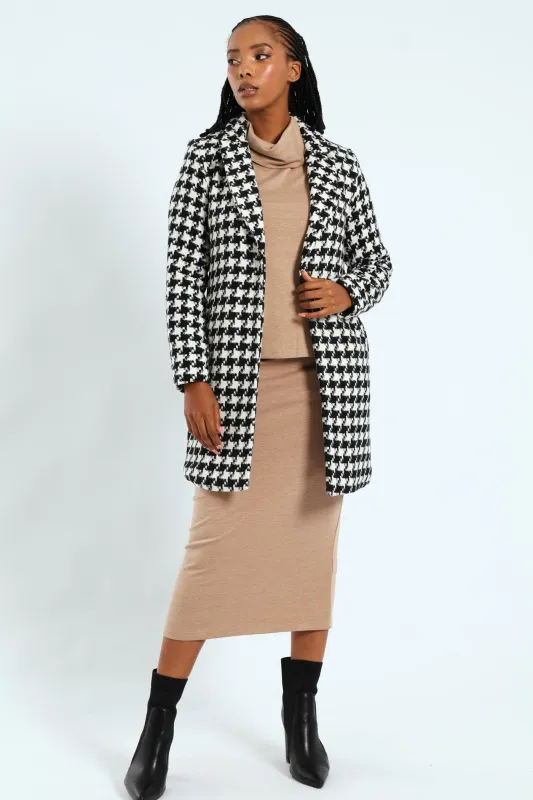 Charlotte Houndstooth Single Breasted Coat - Black/Cream sold by Edgars