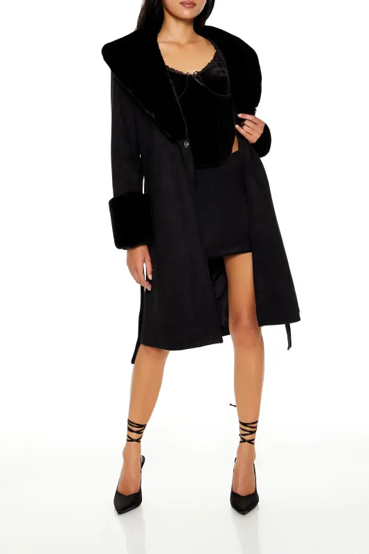 Faux Fur-Trim Faux Suede Trench Coat - Black sold by Edgars