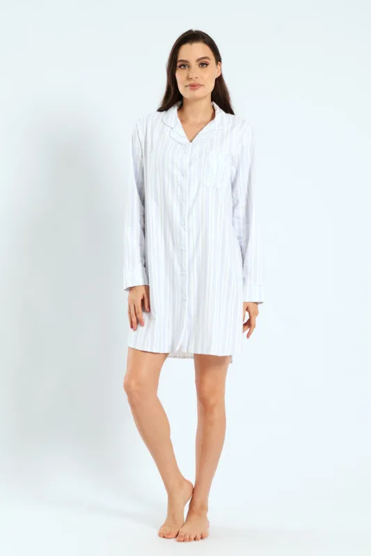 Long Sleeve Stripe Flannel Button Through Sleep Shirt - White/Blue sold by Edgars