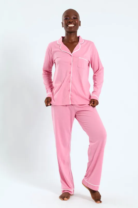 Long Sleeve Button Through & Knit Pant Set - Dusty Pink sold by Edgars