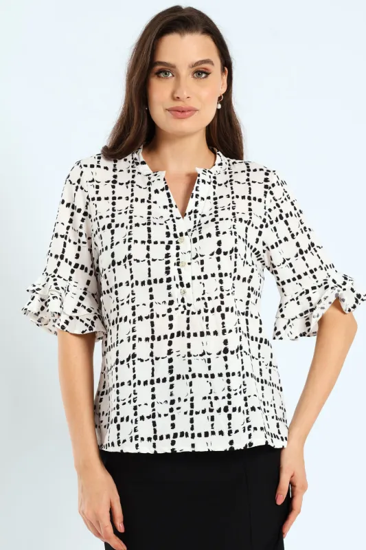Mandarin Collar Frill Sleeve Blouse - Cream/Black sold by Edgars