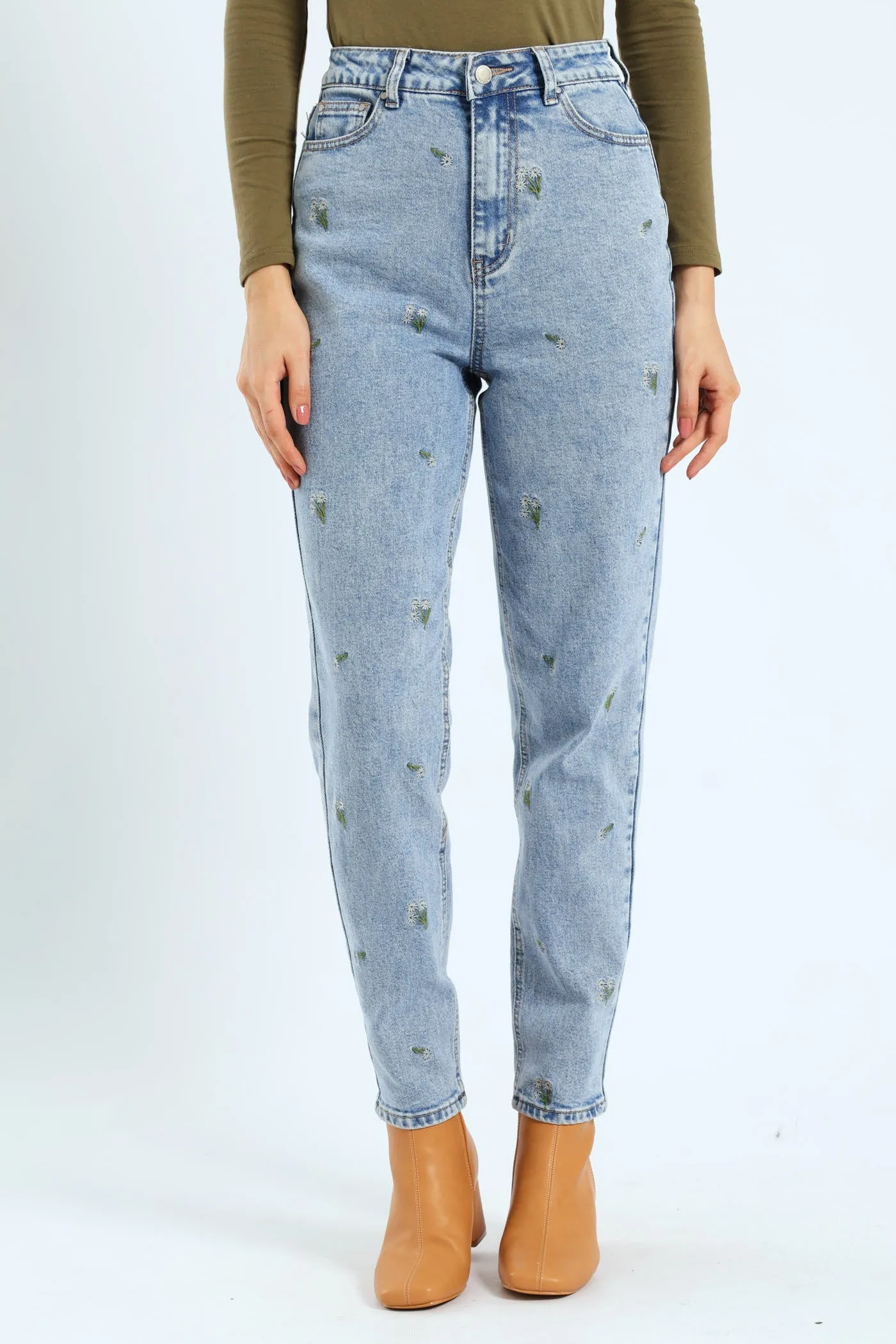 Floral Embroidered Mom Jean - Salty Light Wash sold by Edgars