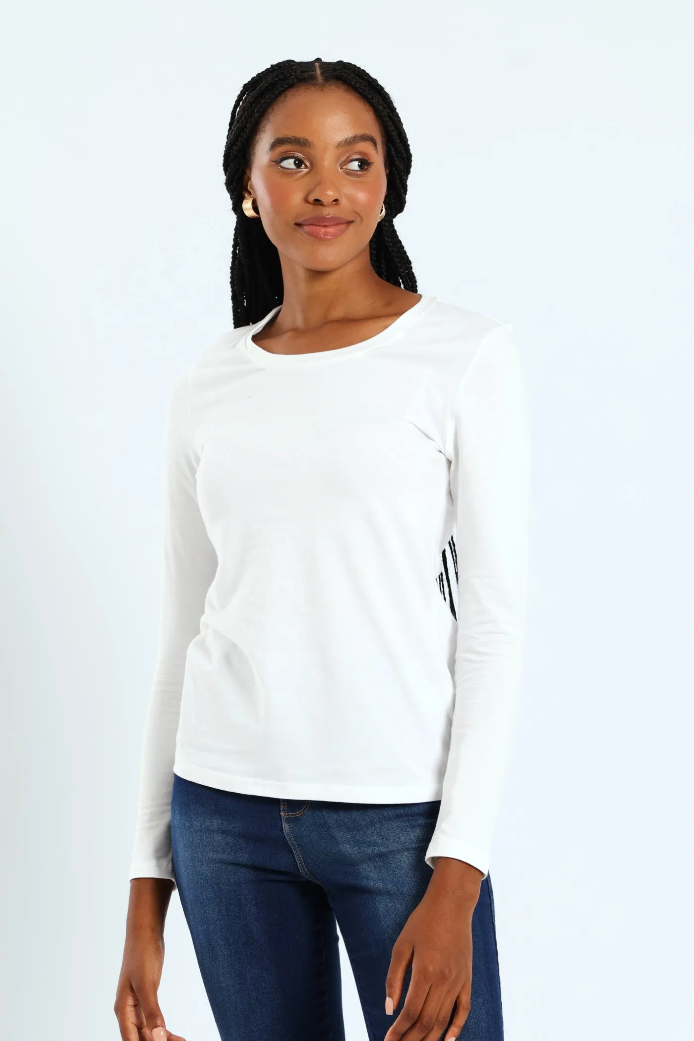 Long Sleeve Cotton Lycra Crew Top - White sold by Edgars