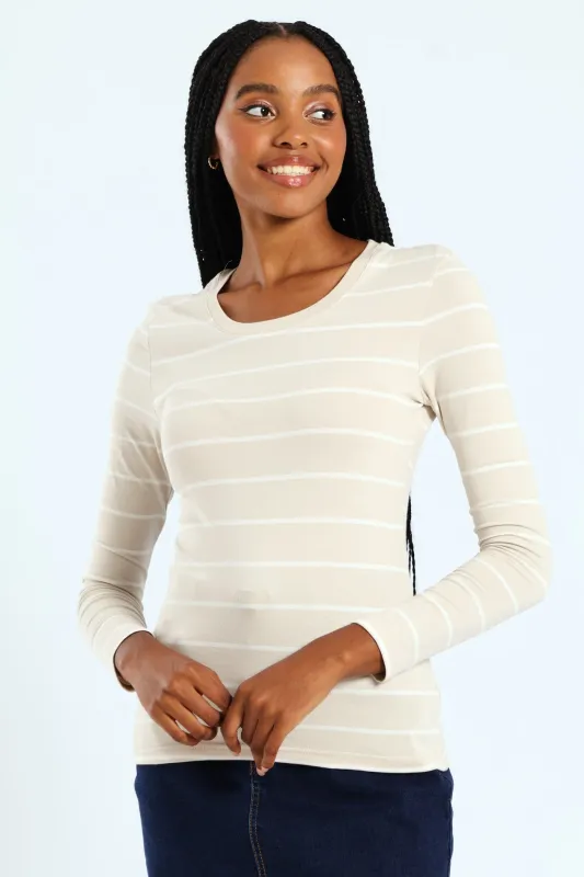 Cotton Lycra Striped Crew Top - White/Sandstone sold by Edgars 