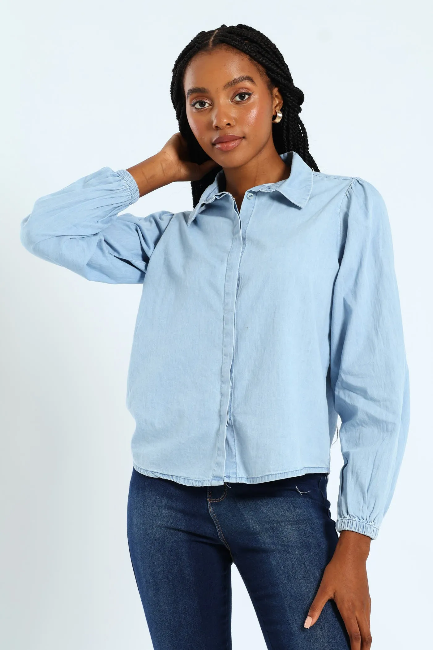 Puff Sleeve Chambray Shirt - Light Wash sold by Edgars