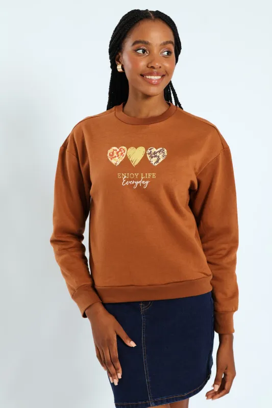 Long Sleeve Printed Screen Pullover - Caramel sold by Edgars