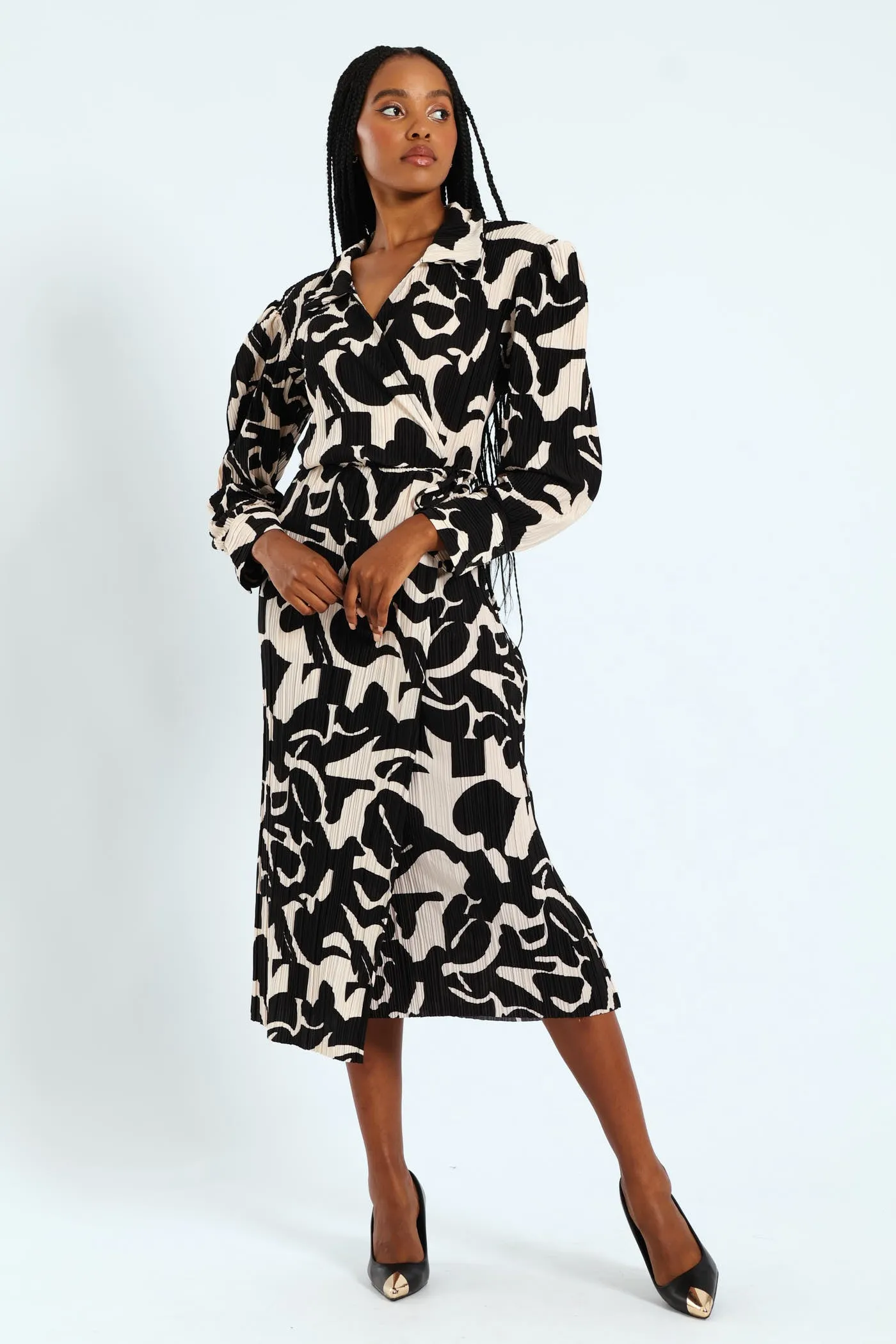 Collared Monochrome Plisse Midi Dress sold by Edgars