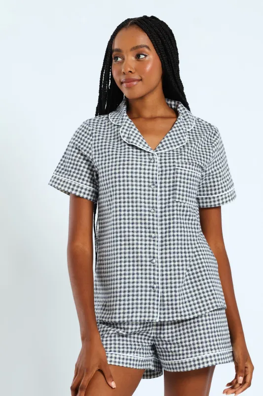 Check Flannel Button Through & Short Set - White/Navy sold by Edgars 