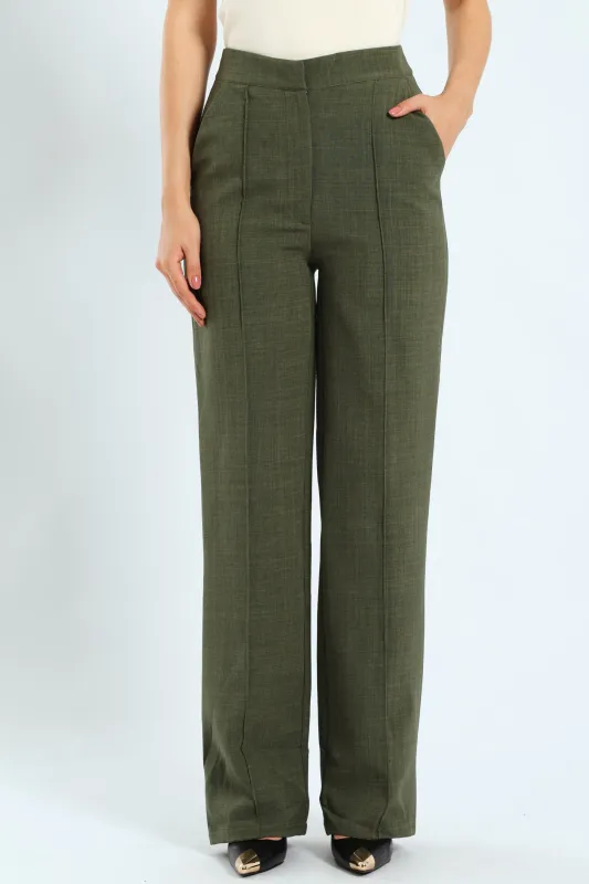 Pin Tuck Linen Blend Straight Leg Pant - Olive sold by Edgars