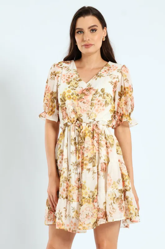 V-Neck Waisted Frill Hem Tea Dress - Blush sold by Edgars
