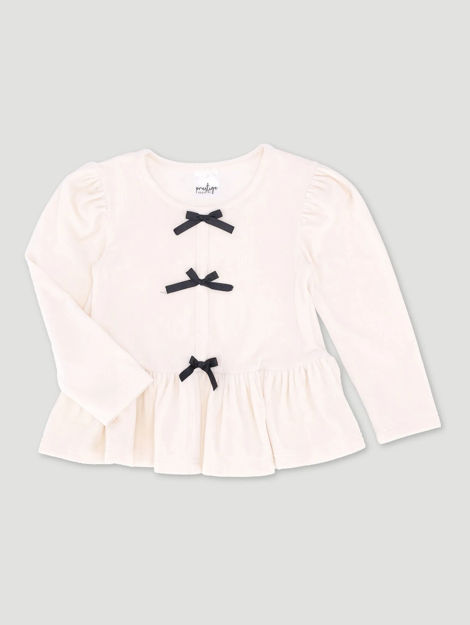 Pre-Girls Long Sleeve Rib Top With Bow Trims - Cream sold by Edgars