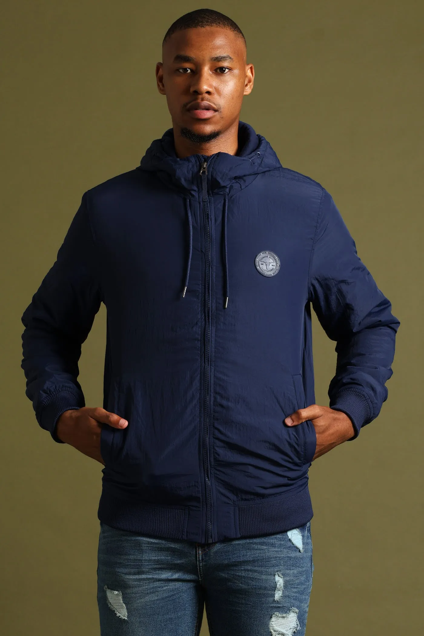 Basic Hood Crinkle Bomber Jacket - Navy sold by Edgars