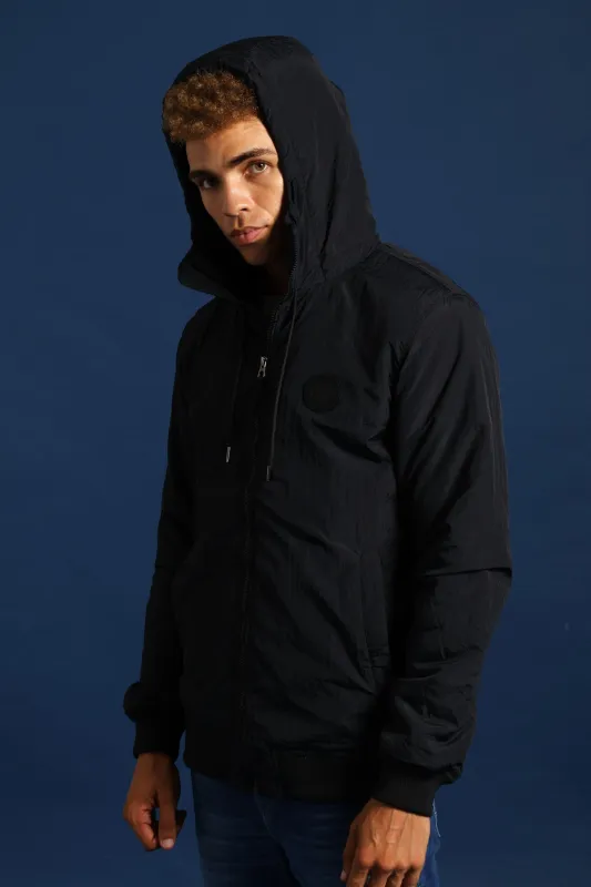 Basic Hood Crinkle Bomber Jacket - Black sold by Edgars