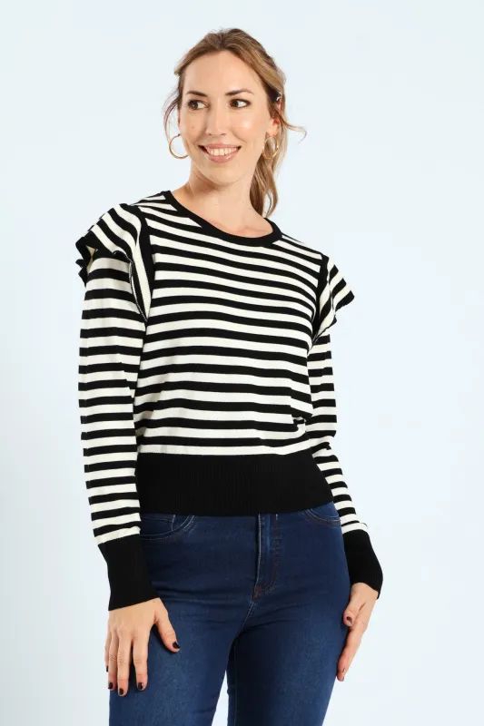 Frill Sleeve Striped Pullover - Black/White sold by Edgars 