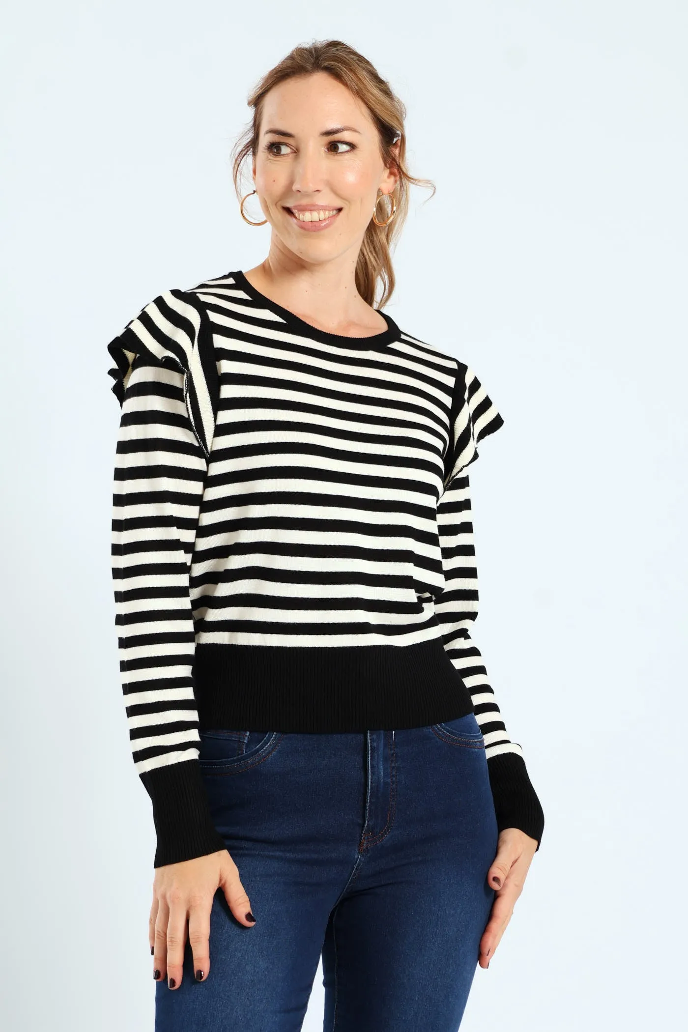 Frill Sleeve Striped Pullover - Black/White sold by Edgars