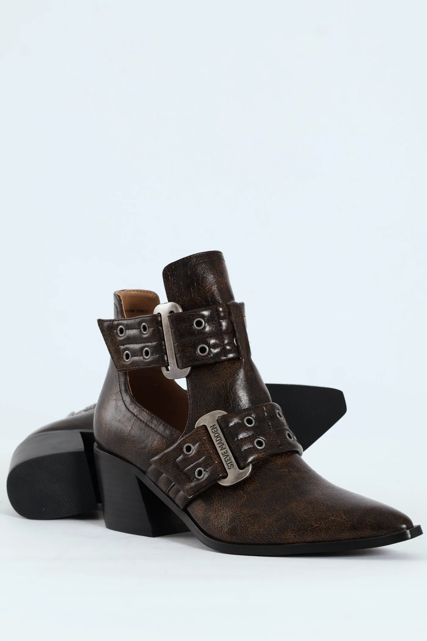 Giustine Pointed Toe Double Buckle Heeled Boot - Brown sold by Edgars
