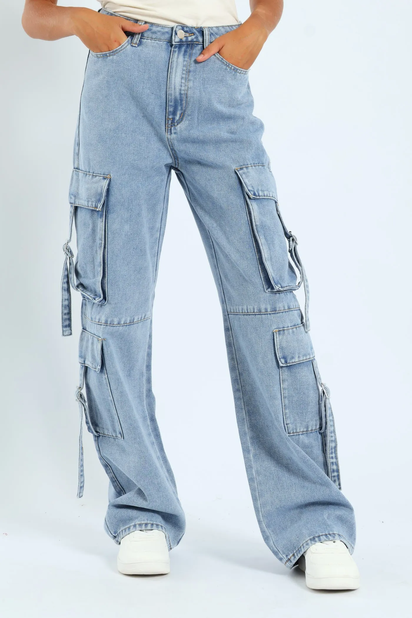 Girls Cargo Straps Denim - Light Blue sold by Edgars