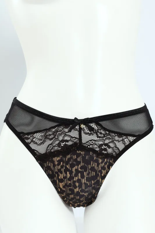 Leopard Print Microfibre & Lace Hi Cut Panty - Black sold by Edgars