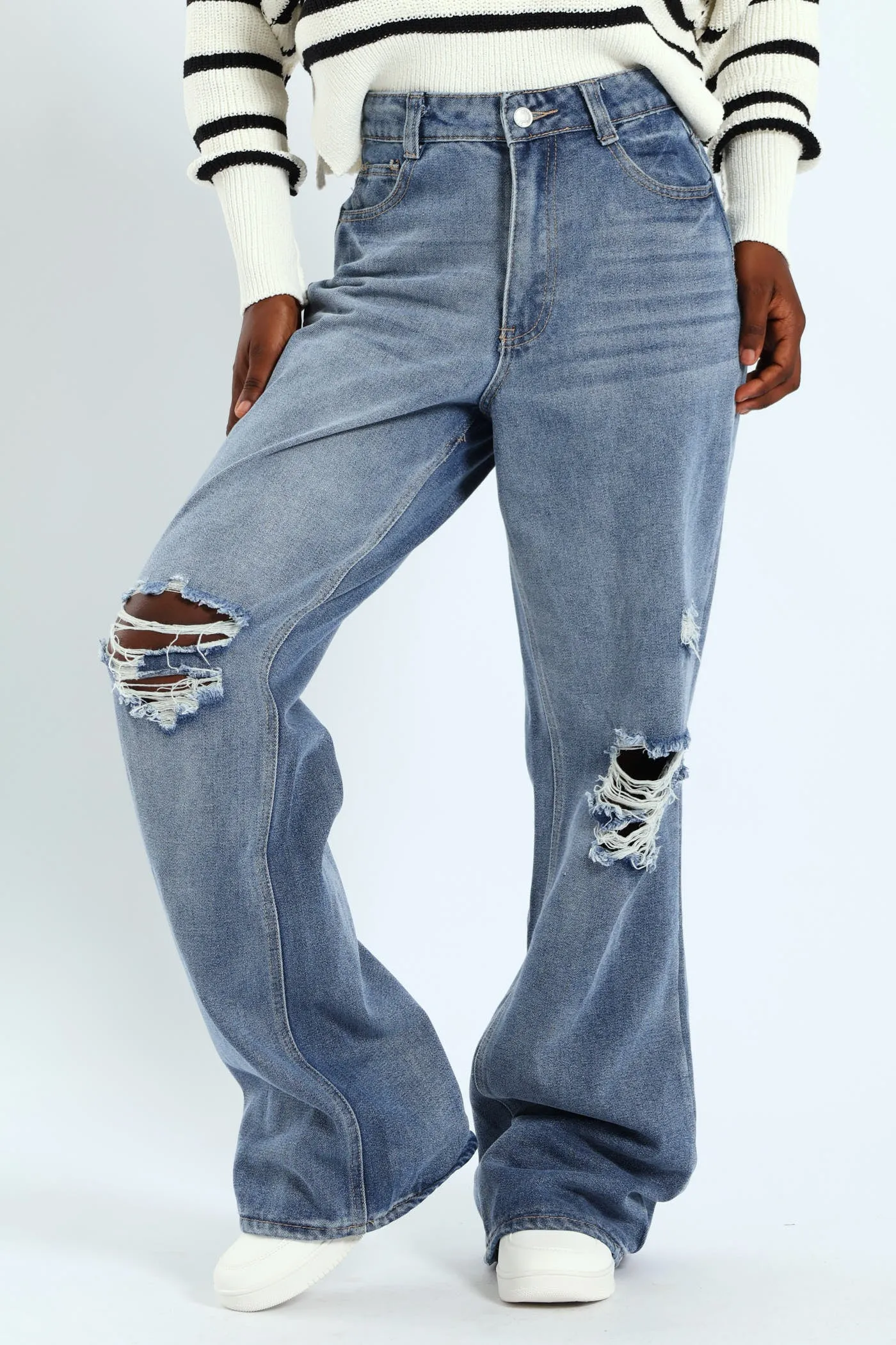 Rip & Repair Regular Rise Wide Leg Denim - Mid Blue sold by Edgars