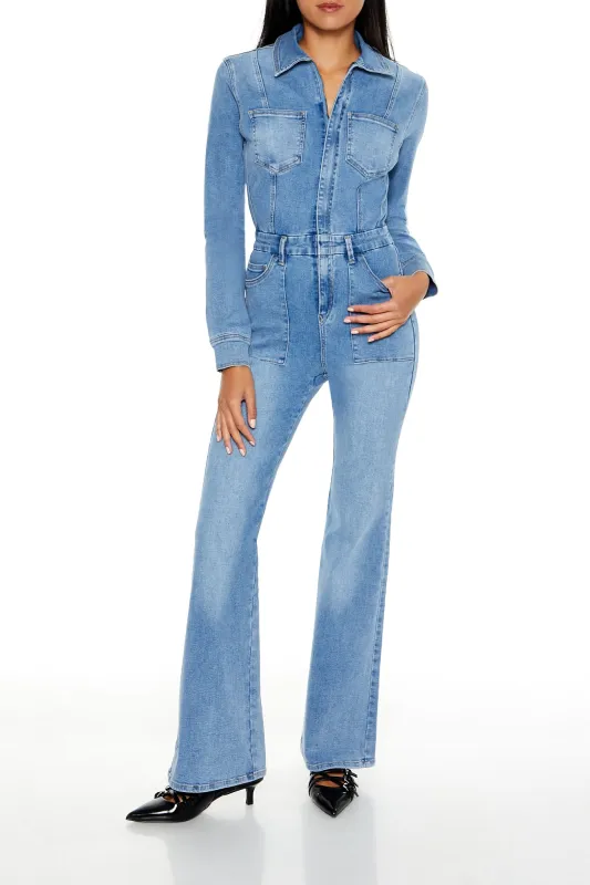 Denim Bootcut Zip-Up Jumpsuit - Mid Blue sold by Edgars 