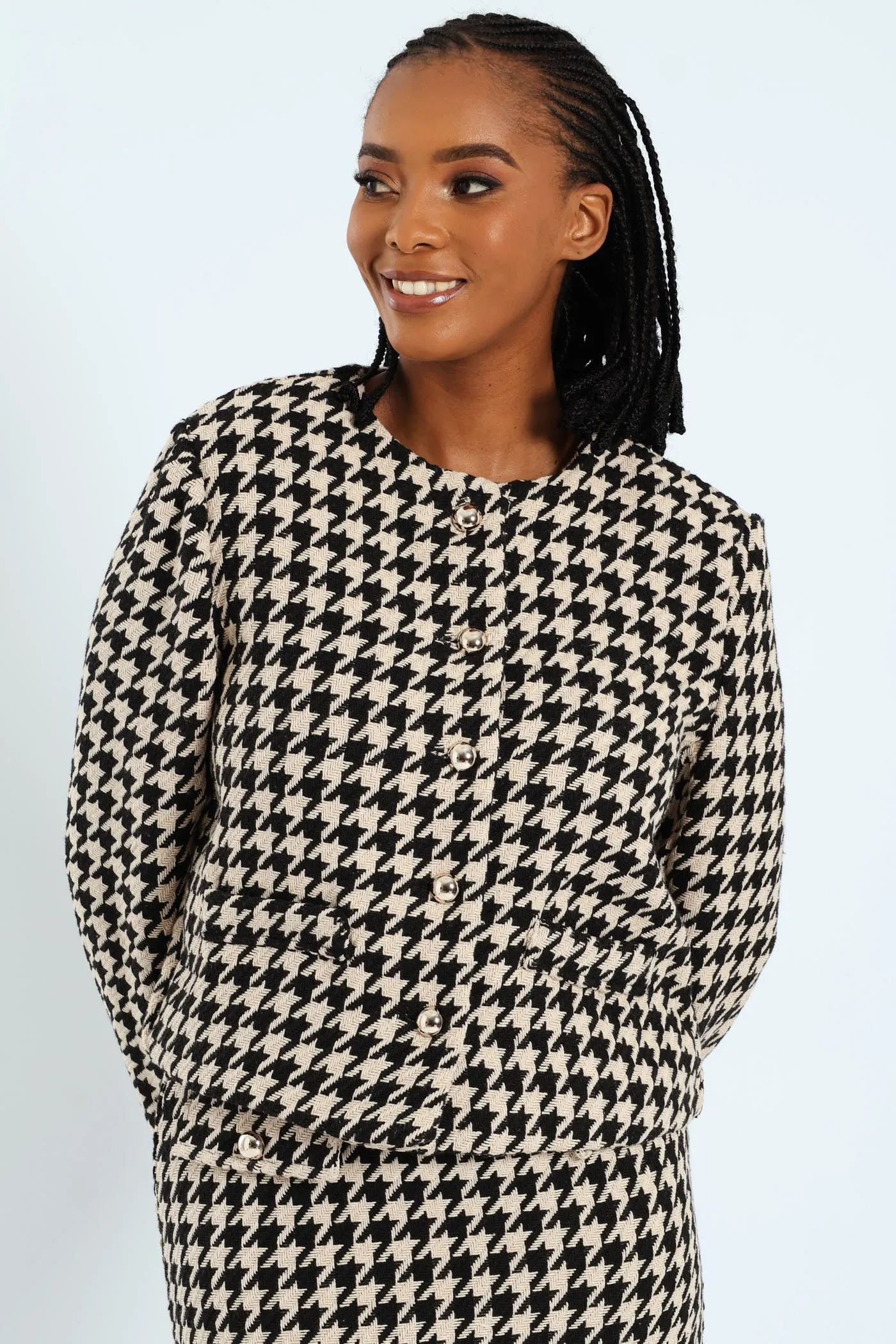 Collarless Houndstooth Blazer - Black/Beige sold by Edgars