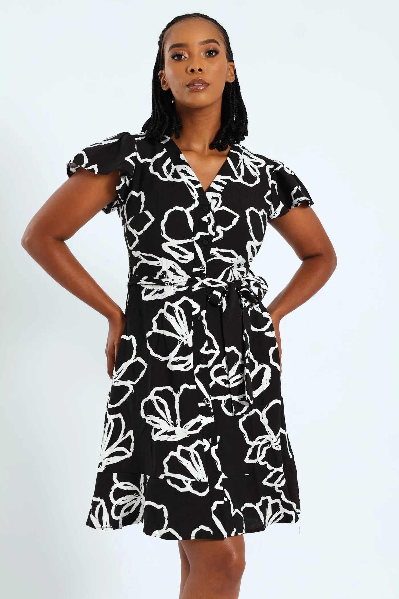 Frill Sleeve V-Neck Shirt Belted Mini Dress sold by Edgars