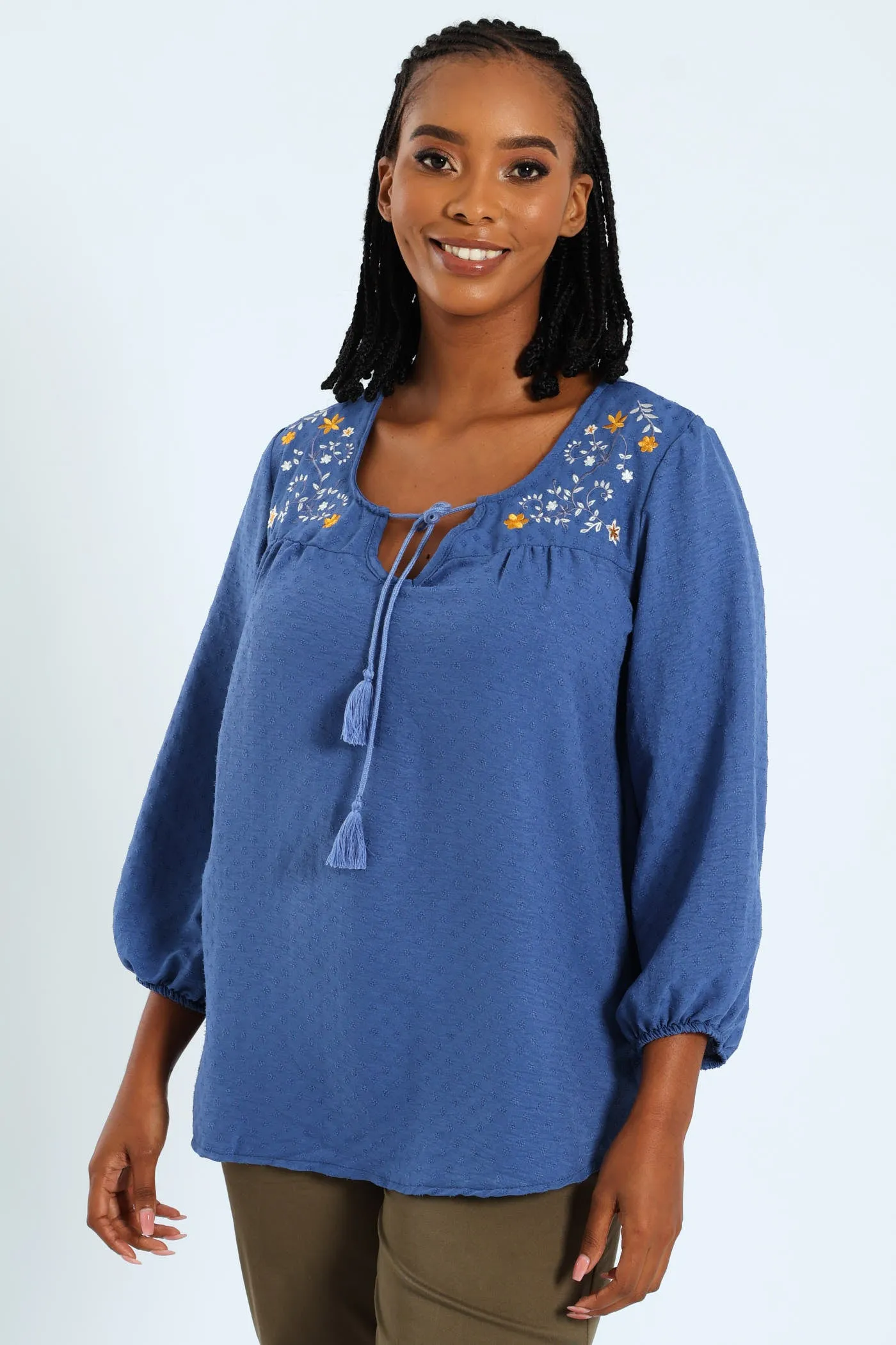 3/4 Embroidered Jacquard Blouse - Mid Blue sold by Edgars