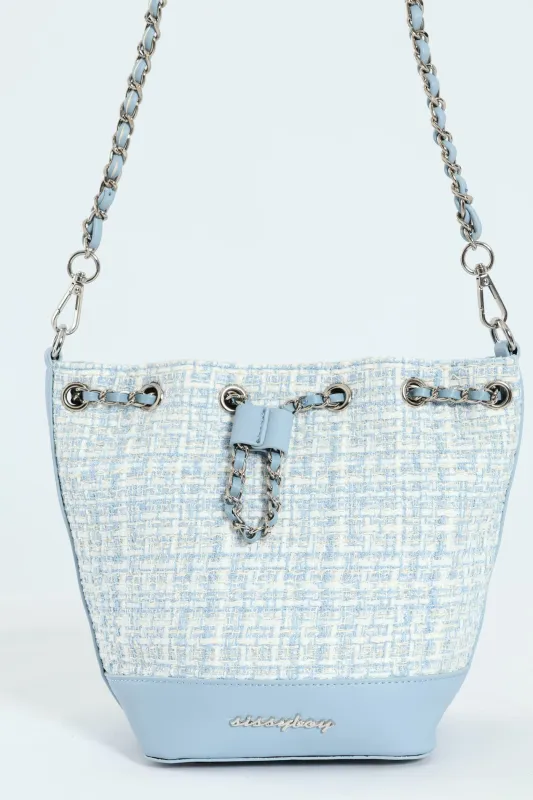 Boucle Drawstring Bucket Bag - Blue sold by Edgars