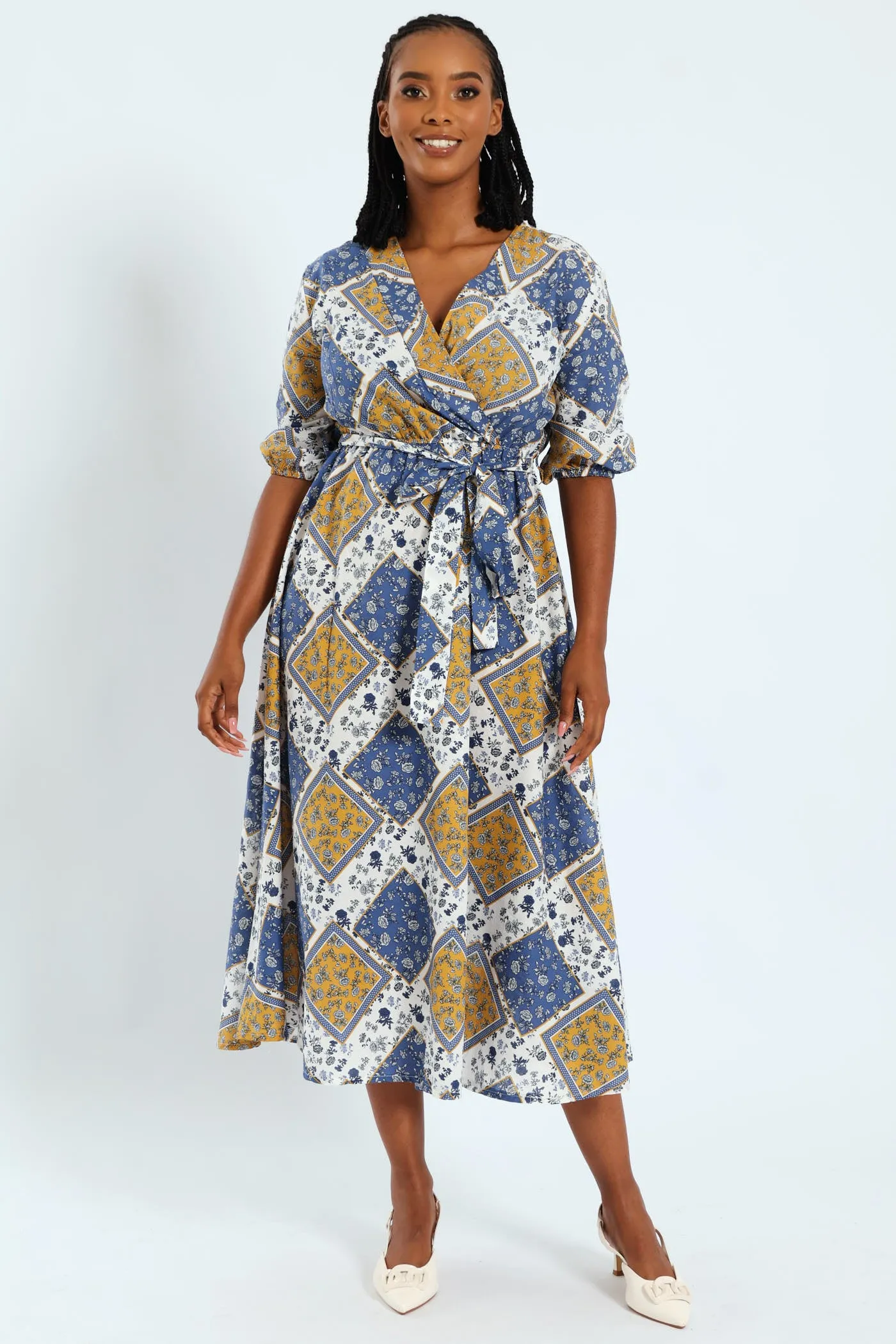 3/4 Sleeve Belted Mock Wrap Midi Dress sold by Edgars
