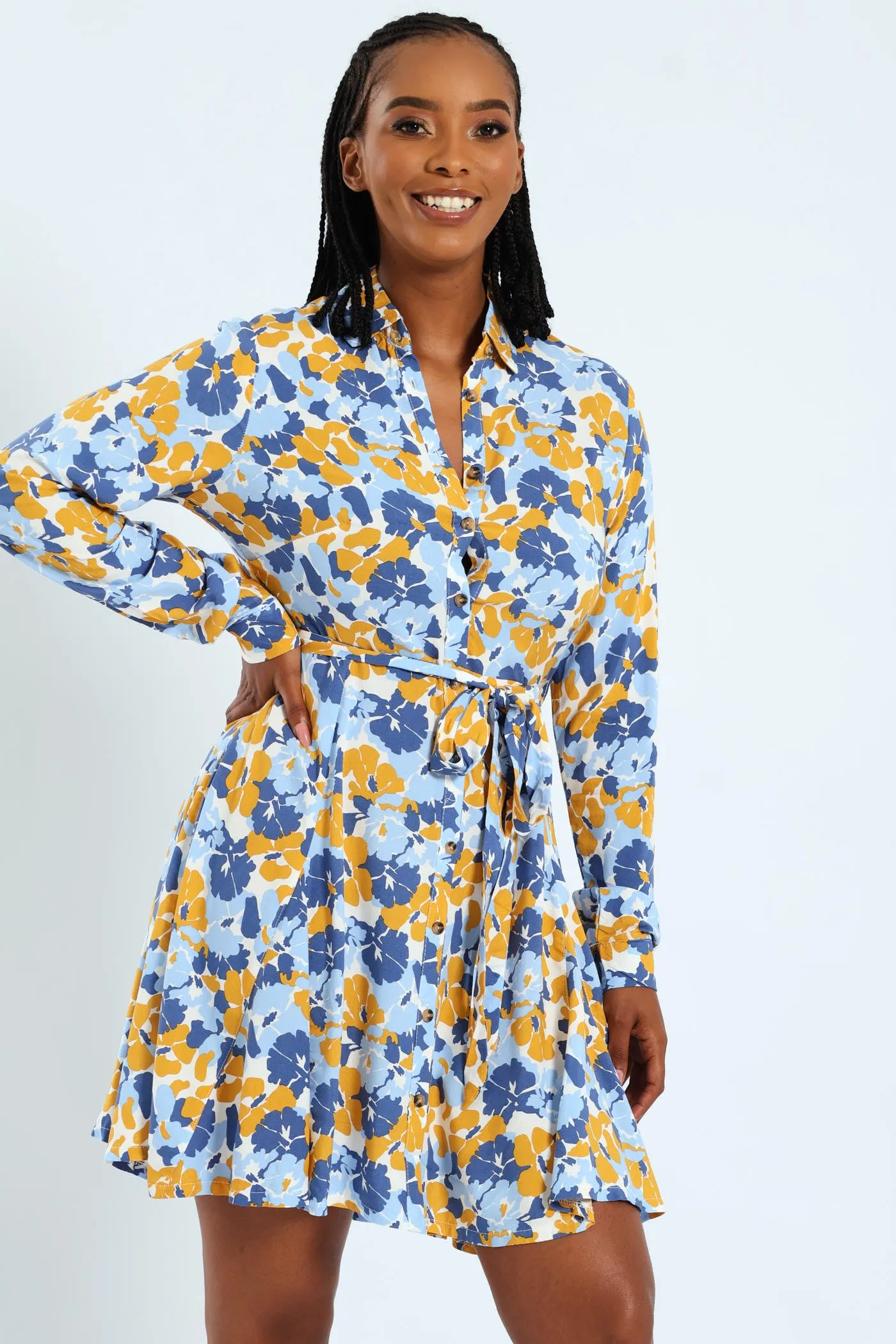 Long Sleeve Half Placket Sef Belted Godet Mini Dress sold by Edgars