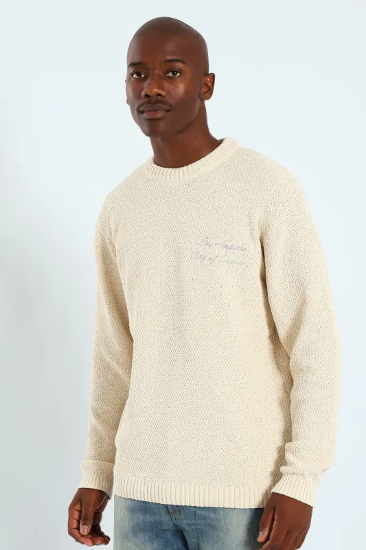Textured Crew Embroidered Pullover - Stone sold by Edgars