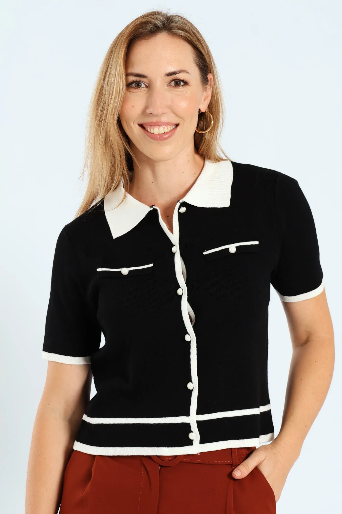 Collared Tipped Cardi - Cream/Black sold by Edgars